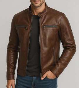 Chaqueta de Moto de Cuero Genuino Marrón, Cuello Alto, Cierre de Cremallera, Manga Larga, Resistente al Viento, Estilo Casual para Otoño - Product Image 5