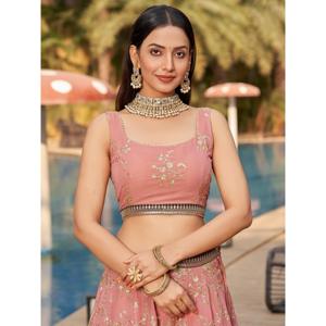 Amazing Pink Embroidered Georgette <b>Wedding</b> Wear Lehenga Choli - Product Image 3
