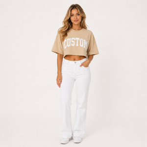 Camiseta Corta Beige para Mujer, con Estampado de Letras Personalizado, Cuello Redondo, Manga Corta, Corte Holgado, Informal, Primavera Verano, 100% Algodón Jersey - Product Image 6
