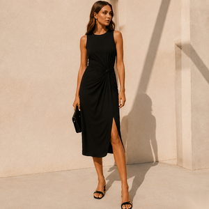 Robe midi élégante noire sans manches avec taille froncée et fente latérale, coupe fourreau, idéale pour les soirées estivales - Product Image 1