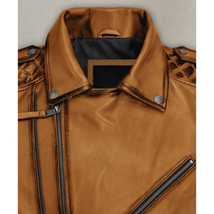 Men's <b>Brown</b> Genuine <b>Leather</b> Moto <b>Jacket</b> Zipper Closure Mandarin Collar Breathable Embossed Details Slim Fit Regular Length - Product Image 3