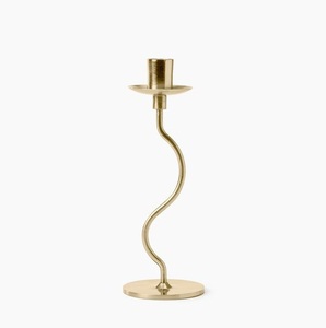 Contemporary <b>Brushed</b> Gold Squiggle Candlestick Slender Sculptural Serpentine Taper Stand with Inset Bobeche Dish - Product Image 3