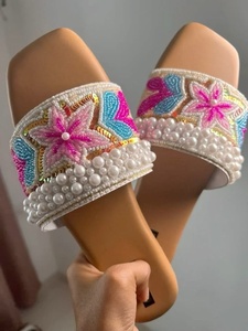 Lightweight and Flexible Handmade Colorful Beadwork Upper <b>Slide</b> Sandal Women <b>Pink</b> Flat Embellished Letter Design Summer Sandals - Product Image 3
