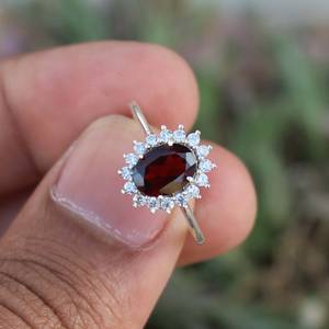 Vintage Oval <b>Garnet</b> <b>Ring</b> Sterling <b>Silver</b> Cubic Zirconia Gemstone Engagement <b>Ring</b> Gift For Her Jewelry - Product Image 2