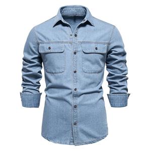 เสื้อเชิ้ตเดนิมสีเข้มแขนยาวสำหรับผู้ชาย สไตล์ลำลอง มีกระเป๋าหน้าอกสองช่อง ปกคอเสื้อพับได้ แขนยาว ผ้าฝ้ายทวิลล์ซักแล้ว ป้องกันรอยยับ - Product Image 6