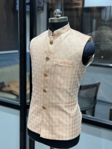 Luxury Peach Jacquard Nehru <b>Jacket</b> for Men Premium Wedding Modi Waistcoat Ethnic Bandhgala Vest Designer Festive Wear - Product Image 5