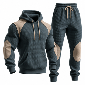 Men's Dark Gray Quilted <b>Joggers</b> With Tan Knee Patches Drawstring Waist Casual Autumn Wear Full Length Solid Color Pants - Product Image 1