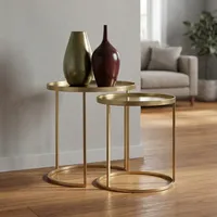 Ensemble de deux tables d'appoint gigognes modernes en fer avec plateau miroir, meubles décoratifs pour salon et chambre