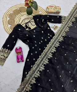Salwar Kameez en soie noire avec dupatta, tenue traditionnelle pour femmes, pour mariage et fêtes, vêtements indiens et pakistanais, coupe classique 85156 SAI- SSC 718 - Product Image 4