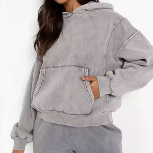 Sweat-shirt à capuche vintage surdimensionné pour femme, coupe ample, épaules tombantes, en coton épais, style uni, prix abordable - Product Image 1
