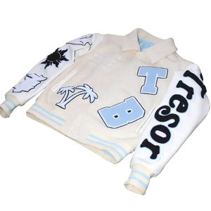 Blouson universitaire blanc brodé avec des patchs palmiers et lettres, style preppy, coupe classique, col rabattu, vêtement d'extérieur pour le printemps - Product Image 3
