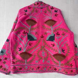 Pink Velvet Embroidered Mandarin Collar <b>Boho</b> Jacket Long Sleeve Floral Print Loose Fit Winter Wear <b>Summer</b> Casual <b>Dress</b> - Product Image 2