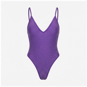   Maillot de bain une pièce à motif de points, col en V profond, extensible, en spandex, vêtements de plage pour femmes - Product Image 1
