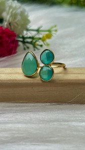 Silver Plated Green Onyx <b>Cluster</b> Ring Geometric 925 Silver Bezel Setting Bohemia Style Christian Trendy Unisex Everyday Wear - Product Image 3