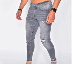 Jeans de mezclilla para hombre, corte ajustado, desgastados, grises, de cintura alta, estilo casual, de algodón de peso medio, pierna recta, para otoño, en oferta - Product Image 3
