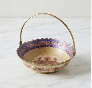 Bol de service vintage en métal émaillé fait main avec poignée, motif floral, décoration traditionnelle chinoise - Product Image 6
