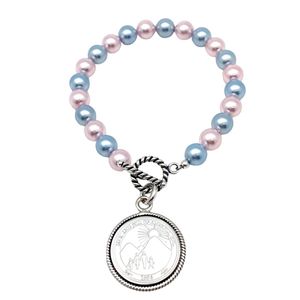 Pink Blue Pearl <b>Beaded</b> Charm <b>Bracelet</b> with <b>Silver</b> Round Engraved Medallion Toggle Clasp Elegant Fashion Jewelry for Women - Product Image 1