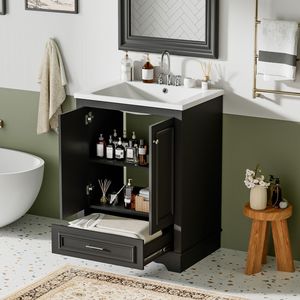 Mobile Bagno Moderno Freestanding da 24 Pollici con Lavabo in Ceramica, Mobiletto Contenitore con Chiusura Ammortizzata e Maniglie Argento - Product Image 2