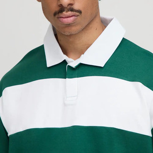 Polo à manches longues rayé pour homme, coupe ample, en coton tricoté, décontracté, design color block vert et blanc, style rugby, vente en gros - Product Image 3