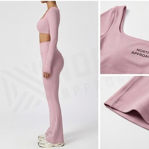 North Approach 2 Piece Yoga Set Pink Square Neck Long Sleeve Crop Top High Waist Full Length <b>Flared</b> <b>Leggings</b> Breathable Seamless - Product Image 3