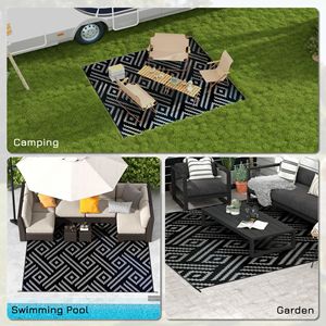    Tapis de camping portable pour camping-car 8' X 10' réversible noir gris géométrique tapis d'extérieur imperméable en plastique paille - Product Image 5
