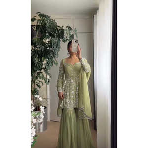 Handmade Fancy Party Wear A-<b>Line</b> <b>Top</b> with Floral Print <b>Empire</b> Waistline and Stitched Work Includes Sharara and Dupatta - Product Image 2