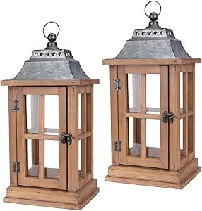 Outdoor Wooden <b>Lantern</b> <b>Set</b> Decorative Candle Holder <b>Lantern</b> with Glass Panels Rustic Garden and Patio Decor - Product Image 6