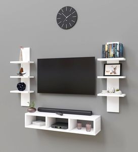 Meuble TV mural en bois pour décodeur et étagères à livres, couleur blanc - Product Image 3