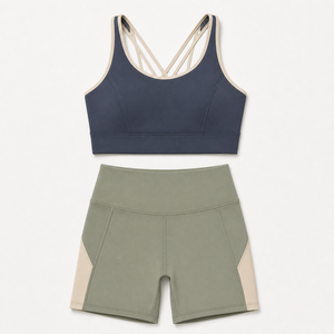 Ensemble 2 pièces de sport pour femme : Soutien-gorge croisé marine et short taille haute olive, sans couture, respirant, pour yoga et activités sportives - Product Image 1