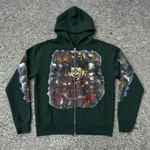 Hooded <b>Zipper</b> <b>Sweatshirt</b> with Front Print and Sleeve Design Unisex Casual Autumn Wear Knitted 100% Cotton Oversized Eco-Friendly - Product Image 4