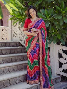 Sari de Diseño Multicolor con Estampado Leheriya y Borde Bordado |   Sari Étnico Festivo de Primera Calidad para Mujer - Product Image 2