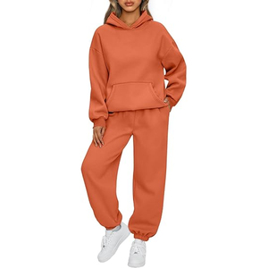 Conjunto Deportivo Casual de 2 Piezas para Mujer, Sudadera con Capucha Naranja y Pantalones Jogger, Top Corto de Felpa, Spandex, Corte Holgado, Color Sólido - Product Image 1