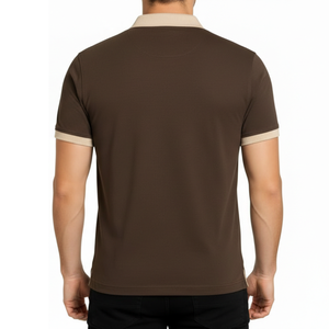 Polo homme premium marron foncé, col contrastant beige, coupe slim, manches courtes, décontracté, pour le golf - Product Image 4
