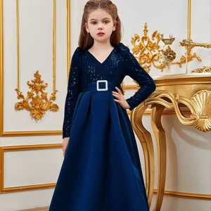 Robe longue bleue à sequins et fleurs pour fille, col en V, broderie en velours, robes de cérémonie pour enfants pour mariages et anniversaires de luxe - Product Image 1