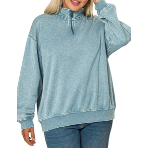 Lavish Look <b>Women's</b> Light Blue <b>Quarter</b> <b>Zip</b> Fleece Cotton Blend <b>Sweatshirt</b> Stand Collar Regular Fit Casual Solid Color Three - Product Image 1