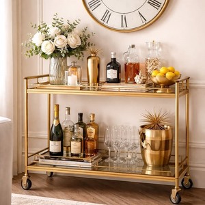 Premium Gold Iron Bar Cart with Glass Shelves Rolling Beverage <b>Serving</b> <b>Trolley</b> for Home Kitchen Dining Use Home Hotel Decor - Product Image 5