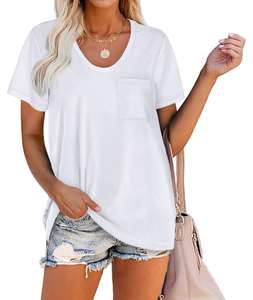 Camiseta de manga corta con cuello en V para mujer, tono macaron, corte ajustado, informal, con bolsillo, estilo urbano, para verano - Product Image 1