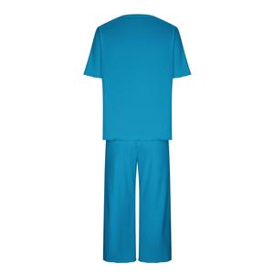 Conjunto de Pijama de Jersey de Poliéster Azul para Mujer, Manga Corta, Cuello Redondo, Cintura Elástica Suave, Ropa de Dormir Informal para Verano - Product Image 2