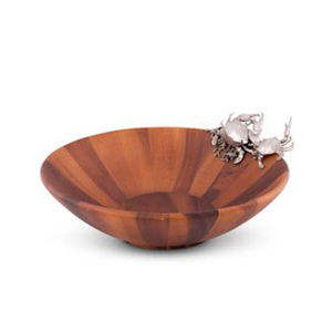 Cuencos para servir comida de madera de mango tallados a mano con detalles metálicos, forma redonda, cuenco para frutas y ensaladas para decoración de la mesa de comedor de la cocina. - Product Image 1