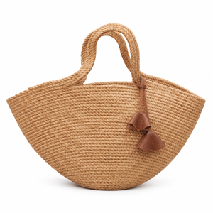 Bolso Tote Cuadrado de Yute 100% Natural Tejido Ecológico Personalizable con Asas Cortas, Borlas y Patrón de Letras Termoimpreso - Product Image 1