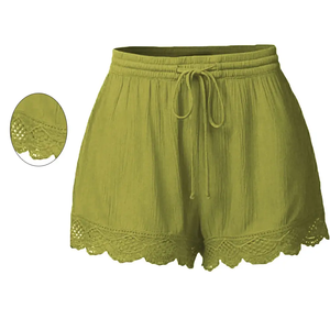 Shorts de Lino Casuales para Mujer con Ribete de Encaje, Cintura Alta Elástica con Cordón, Pantalones Cortos de Playa para Verano, Fabricante OEM - Product Image 3