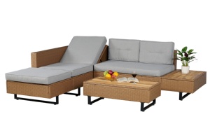 Conjunto de Sofá de Jardín de Ratán para Exteriores, Mesa de Centro, Chaise Longue Gris, Diseño Moderno, Resistente a la Intemperie, Estructura de Acero, para Sala de Estar - Product Image 1