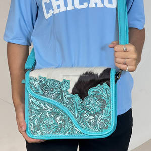 Sacs à bandoulière pour femmes en cuir de vachette véritable de haute qualité, faits à la main, design floral luxueux, sacs à main turquoise - Product Image 2