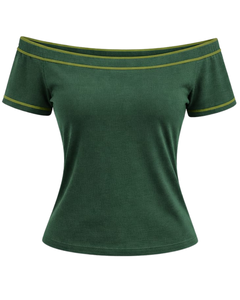 T-shirt vert forêt pour femme, épaules dénudées, avec bordure contrastée, manches courtes, coupe ajustée, décontracté, été, fabricant sur mesure - Product Image 1