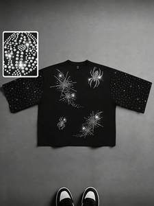 T-shirts personnalisés pour hommes avec strass, luxe, coupe oversize, motif ailes d'ange et diamants noirs, style streetwear hip-hop, tissu épais - Product Image 3