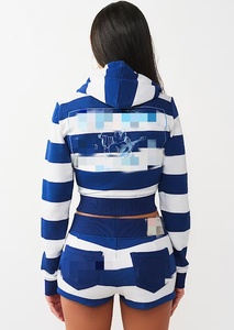 Conjunto de Top Corto con Capucha y Pantalones Cortos a Rayas para Mujer, Estilo Náutico, Manga Larga, Tejido Transpirable, Atuendo de Primavera/Verano - Product Image 2