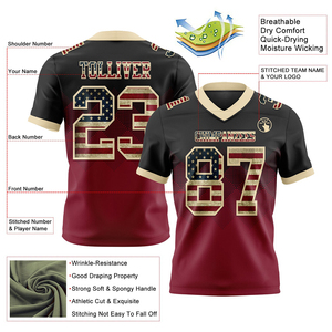 Maillot de football noir personnalisé, drapeau vintage des États-Unis, crème et rouge, maille respirante, design authentique dégradé en forme de drapeau carré, haute qualité - Product Image 2