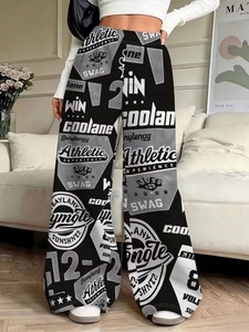 Girls' Straight Leg <b>Pants</b> , Black And White American Street Letter Print, Loose Wide Leg Trousers, Wide Leg Silhouet - Product Image 5