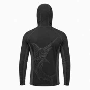 Sudadera con Capucha de Pesca para Hombre Harrar, Negra, con Estampado por Sublimación, Transpirable, de Secado Rápido, Manga Larga, UPF 50, Protección Anti-UV, Diseño Marlin - Product Image 1