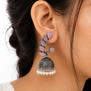 Rose Quartz Marquise Oxidized <b>Silver</b> indian <b>Dangle</b> Jhumka <b>Earrings</b> for Women | Premium Quality | Hot Selling Ready Stock - Product Image 4